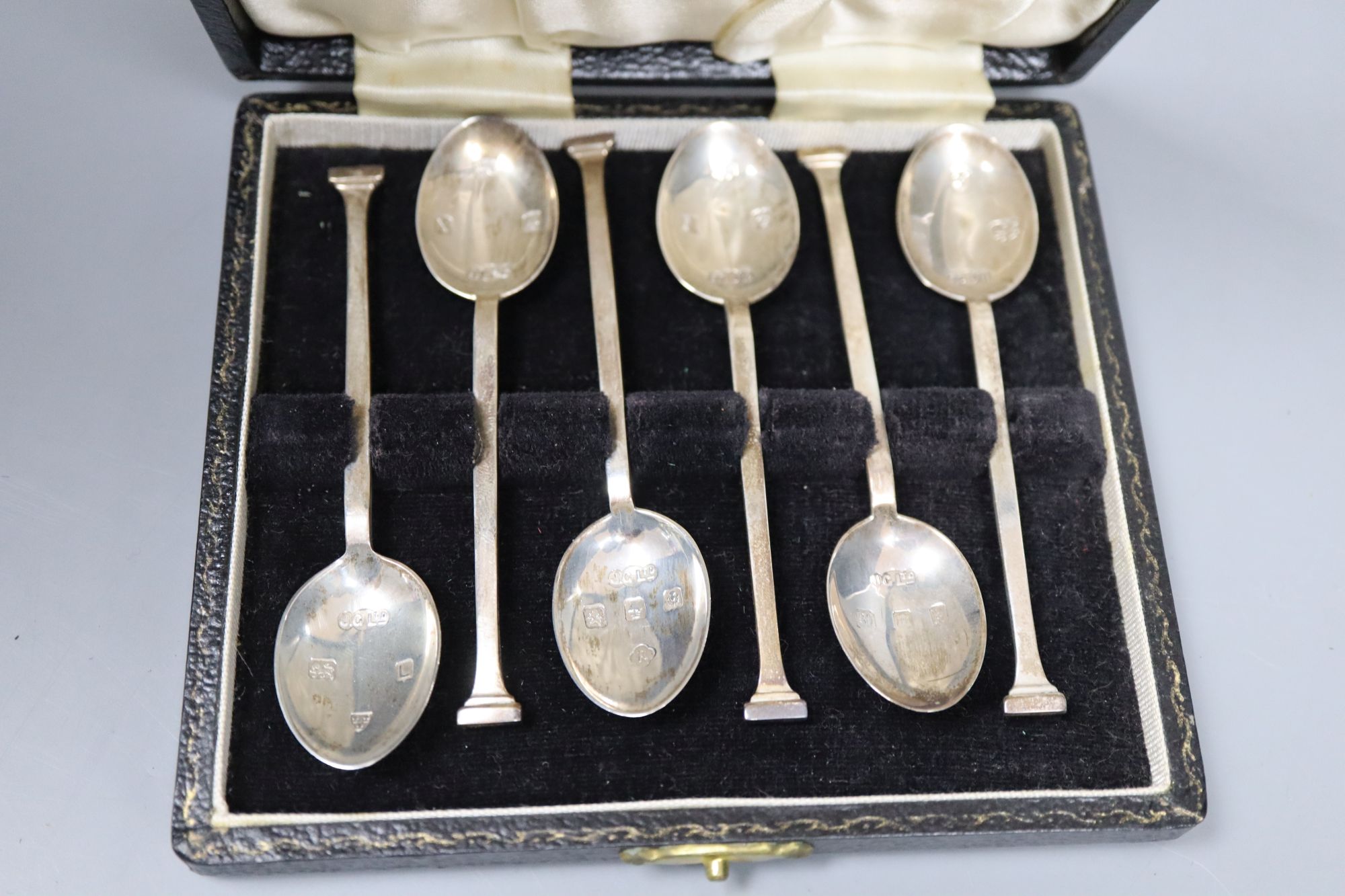 A 1960s cased set of six silver teaspoons, struck with marks of six various Assay offices, 46 grams.